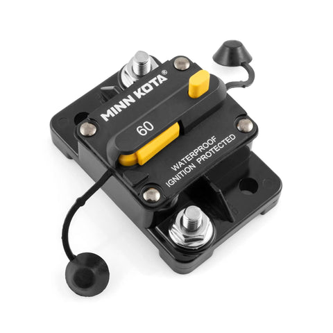 60 Amp Marine Grade Trolling Motor Circuit Breaker With Manual Reset And Push To Trip Power Cutoff, black unit close-up