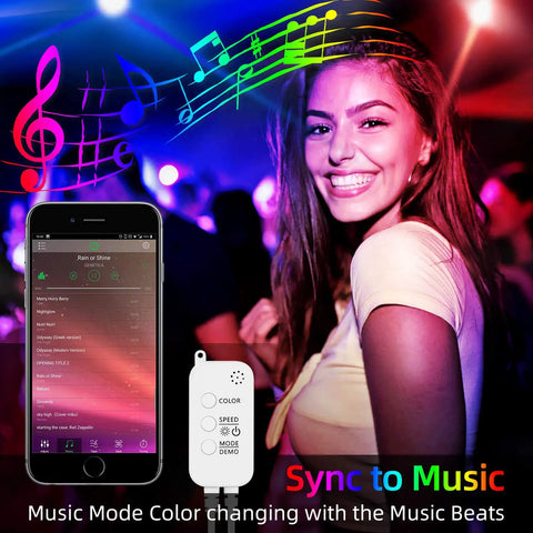 66 Foot RGB LED Strip Lights Kit With Music Sync App Control Remote showcasing color-changing mode in party setting