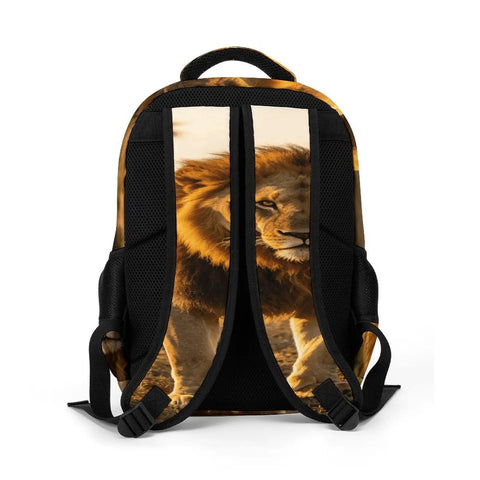 Back angle of Dope Golden Hour Lion Printed Unisex Backpack With Large Capacity For School Travel And Everyday Carry Durable Polyester