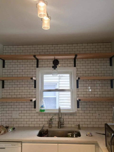Heavy Duty 9.25 Inch Lip Shelf Brackets For Floating Shelves, Industrial Forged Steel, Rustic Black Finish, Mounted in Kitchen