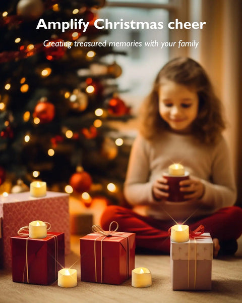 Girl holding 24 Pack Flameless LED Tea Lights Candles Battery Operated With Realistic Flicker Warm Glow For Votive Centerpieces Wedding Decor Party Tables Funeral Halloween Christmas 200 Plus Hours Of Battery Life by Christmas tree.