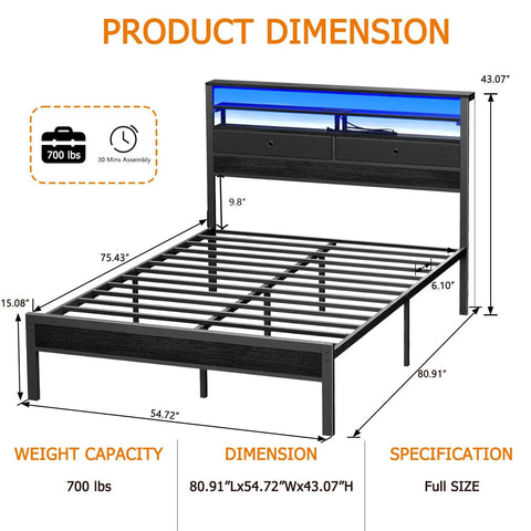 Kick Back With This Legit Sturdy Full Size Bed Frame Featuring A Modern Wooden Headboard And Dual Roomy Fabric Storage Drawers With Premium Quality Black Oak Build, product dimensions displayed.