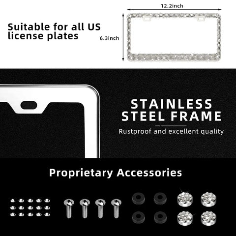 Two Pack White Bling License Plate Frames with screws, caps, and washers, size 6x12 inches for US plates