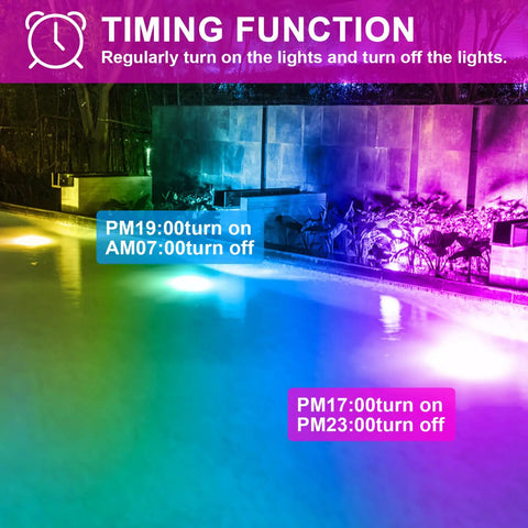 Dope Outdoor LED Flood Light 500W Equivalent RGBW Color Changing Landscape Lighting With 24 Hour Timer illuminating a pool area.