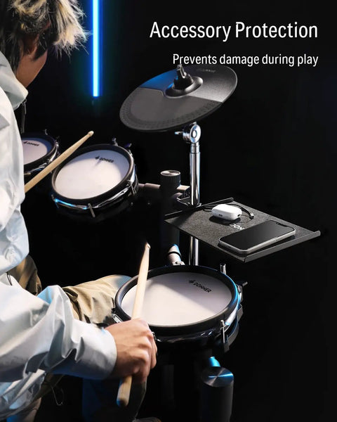 Sturdy Drum Accessory Tray With Clamp On Shelf For Electronic Kits, Flexible Mic Stand Holder featuring large surface and EVA pad