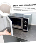 Insulated mica gasket next to open microwave showing ten piece microwave crisper sheets made from mica foil for heat resistant insulation