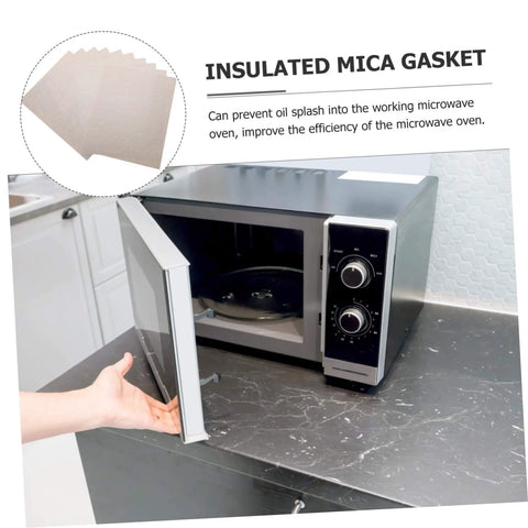 Insulated mica gasket next to open microwave showing ten piece microwave crisper sheets made from mica foil for heat resistant insulation