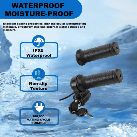 Full Twist Throttle For Q20 And Q20 Pro Lite Ebikes 3 Pin Universal Waterproof Throttle With 2 Keys, shown with blue water background