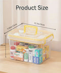 Clear Medicine Storage Box With Handle Portable Medicine Cabinet Organizer, yellow plastic, full of medications and bandages