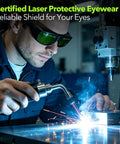 Man wearing Heavy Duty Laser Safety Glasses Delivering Straight Up OD7 Plus Kick Against 800 To 1100 Nm Rays welding with a torch.