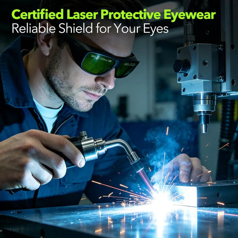 Man wearing Heavy Duty Laser Safety Glasses Delivering Straight Up OD7 Plus Kick Against 800 To 1100 Nm Rays welding with a torch.