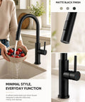 Black Kitchen Faucets with Pull Down Sprayer Kitchen Sink Faucet with Pull Out Sprayer Single Hole Deck Mount Single Handle Stainless Steel Grifos De Cocina 866026R in matte black finish with high arc design.
