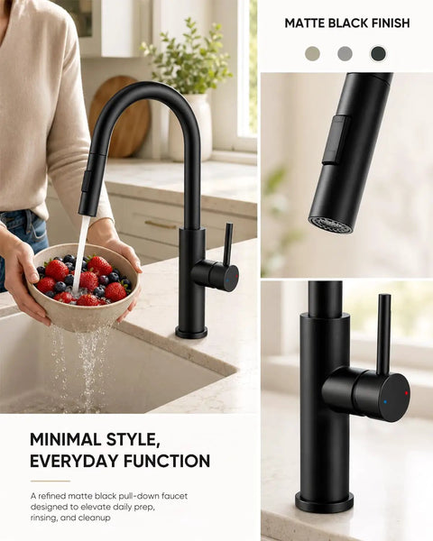 Black Kitchen Faucets with Pull Down Sprayer Kitchen Sink Faucet with Pull Out Sprayer Single Hole Deck Mount Single Handle Stainless Steel Grifos De Cocina 866026R in matte black finish with high arc design.
