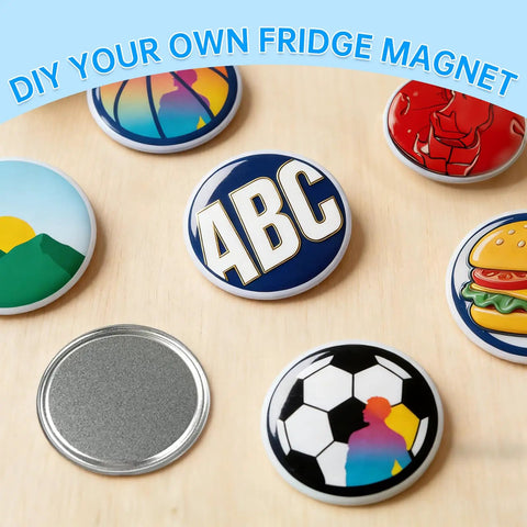 Colorful custom magnets from 58mm Fridge Magnet DIY Kit Pack of 100 Sets with metal covers, clear film, and blank paper on wooden surface.