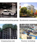 Collage of locations: underground parking garage, residential community, construction site, factory workshop.