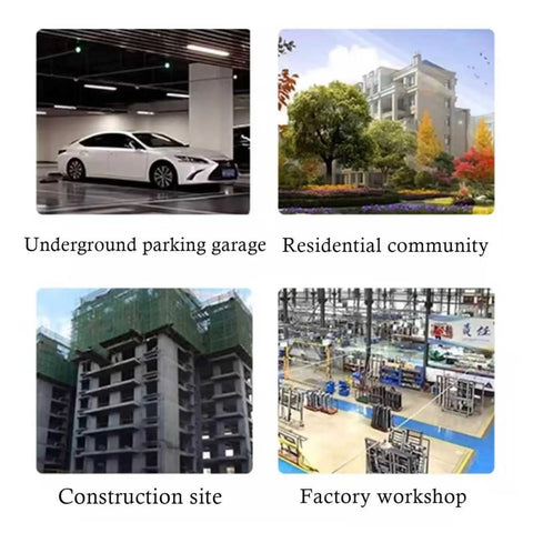Collage of locations: underground parking garage, residential community, construction site, factory workshop.