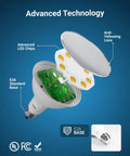 Cutaway view of Six Pack Outdoor LED PAR38 Flood Light Bulbs Exterior Spotlight Dimmable Weatherproof Wet Rated 1050 Lumens 13W 100W Equivalent 5000K Daylight E26 Base UL Listed showing internal components.