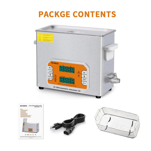 Knock Out Gnarly Grime Six Liter Digital Ultrasonic Cleaner With Smooth Touch Screen Control and Solid Stainless Steel Tank and accessories.