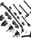 Front Suspension Kit 14Pc Center Link Tie Rod Ends Adjusting Sleeve Sway Bar Links Ball Joints Idler Arm Ready To Roll For 1978-1987 GM A-Body Cars Including El Camino Malibu Monte Carlo Grand Prix Grand Am Lemans Caballero Bonneville components laid out