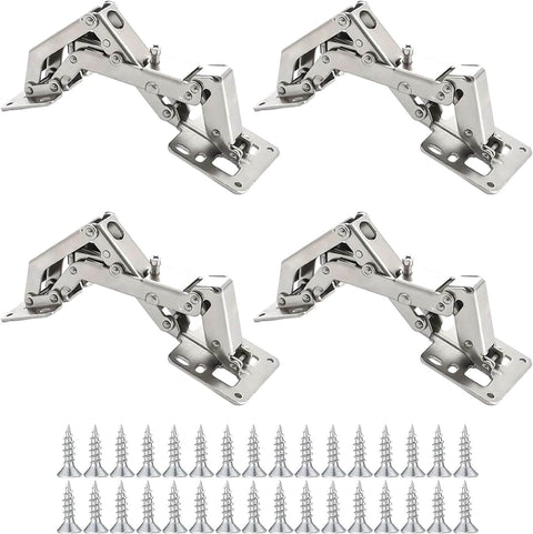 170 Degree Frameless Cabinet Door Hinges With Hidden Hydraulic Buffer Adjustable Mounting Soft Close Stainless Steel Damping For Wardrobe 2 Pairs Full Coverage Fit, showing four hinges and screws