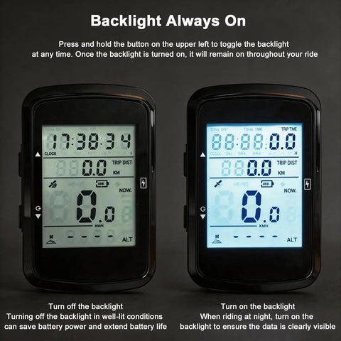 Two GPS Cycling Computer With Wireless Ride Data, IPX7 Waterproof Bike Speedometer Odometers with backlight feature displayed.