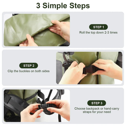3-step guide to close Heavy Duty 70L Roll Top Waterproof Duffel Bag For Kayaking, Rafting, Camping, And Motorcycle Rides With Beefed Up Straps