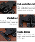 Bulletproof Four Piece Black Metal Table Locks Heavy Duty Desktop Securing Hardware Galvanized Steel Furniture Mounting Brackets With Screws close-up view of lock design on wood