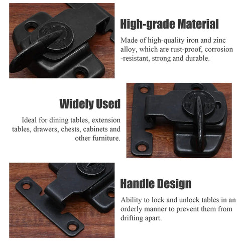 Bulletproof Four Piece Black Metal Table Locks Heavy Duty Desktop Securing Hardware Galvanized Steel Furniture Mounting Brackets With Screws close-up view of lock design on wood