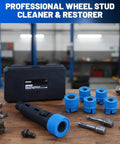 Wheel Stud Cleaner Kit 9 Piece Nylon Thread Cleaning Set for Impact Wrench and Power Drill on workbench in garage.