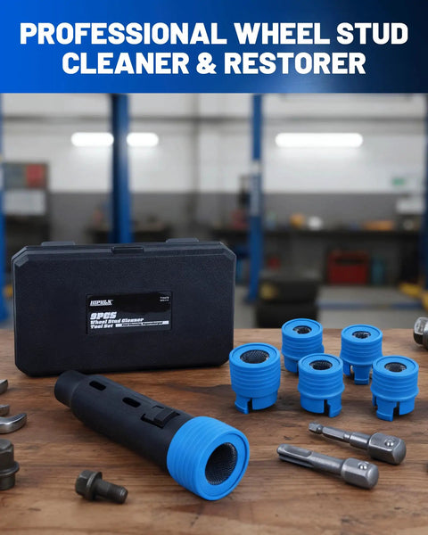 Wheel Stud Cleaner Kit 9 Piece Nylon Thread Cleaning Set for Impact Wrench and Power Drill on workbench in garage.
