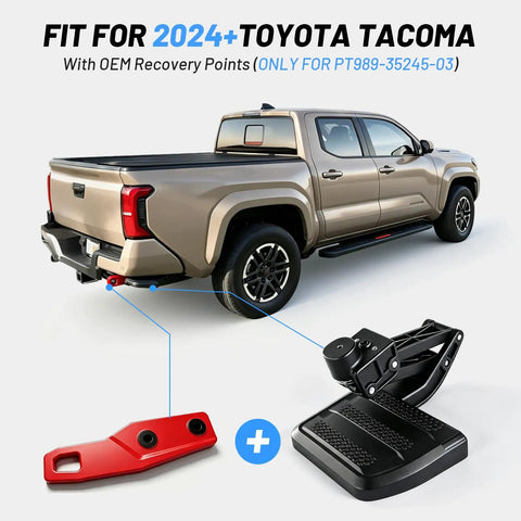Heavy Duty Bed Step Relocation Bracket Kit For 2024 To 2026 Toyota Tacoma showing OEM recovery point mount and bed step.