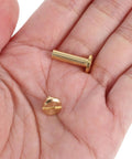 Hand holding golden copper binding screw post parts for No Brainer 10 Piece Golden Copper Binding Screw Posts Bundle Flat Out Perfect For Photo Albums Scrapbook Projects And Pro Craft Replacement Tasks Daily.