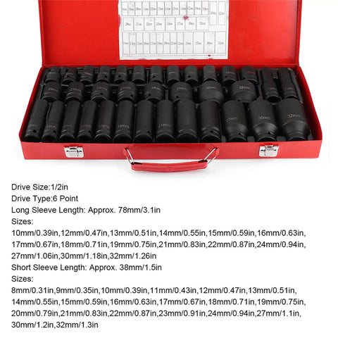 Top Notch 35 Piece Metric Hex Socket Impact Kit With Long And Short Drive Sleeves For Hardcore Automotive Jobs Built From Tough Chrome Vanadium Steel To Handle Heavy Duty Grips And Rust Free Durable Performance Every Single Time., red case with 35 metric impact sockets and sleeve sizes
