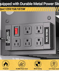 Close-up of Must Have Power Tool Organizer Wall Mount With Charging Station, showing metal power strip with multiple outlets.