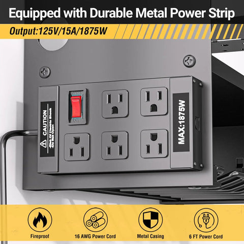 Close-up of Must Have Power Tool Organizer Wall Mount With Charging Station, showing metal power strip with multiple outlets.