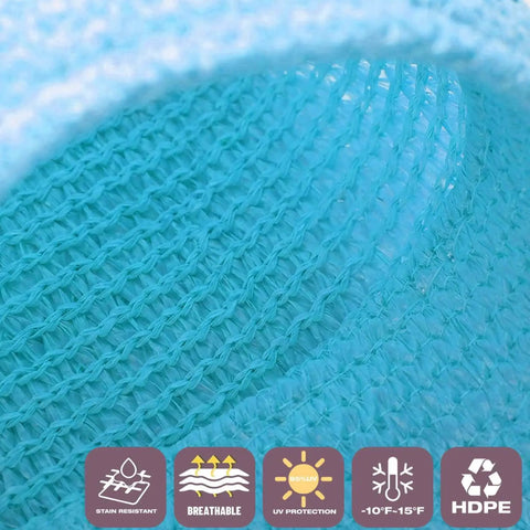 Close-up of turquoise HDPE mesh netting material showing UV protection icons for Turquoise 32 By 32 Foot Shade Sail Canopy For Patio Backyard Garden And Poolside UV Blocking HDPE Fabric With Mesh Netting Durable Outdoor Sun Shade Easy Setup And Custom Size Options Available.