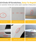 Premium White Touch Up Paint Pen For Vehicles Super Rapid Auto Scratch Remover shown fixing various car scratch types.