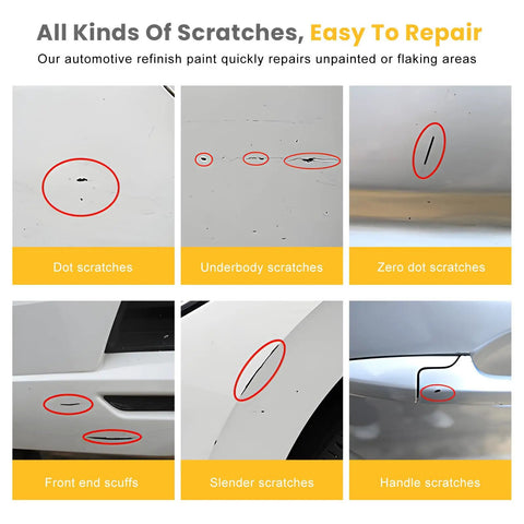Premium White Touch Up Paint Pen For Vehicles Super Rapid Auto Scratch Remover shown fixing various car scratch types.