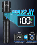 Ultra Bright LED Rechargeable Flashlights Two Pack With LCD Battery Display showing 100% charge.