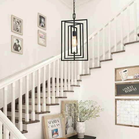 Black Geometric Pendant Lighting For Kitchen Island And Foyer, Adjustable Frame Chandelier In Modern Farmhouse Style displayed over stairs