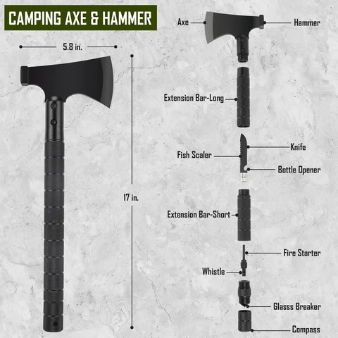 All In One Survival Gear Kit With 268 Pcs Emergency Supplies First Aid Kit Camping Axe Headlamp And Crossbody Bag For Camping Hiking Hunting Great Gift For Men Dads Christmas including a black camping axe and hammer with multiple tools on a textured background.