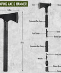 Illustration of a camping axe and hammer from All In One Emergency Survival Gear Kit With First Aid Essentials showing components.