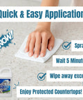 Hand using Easy Spray On Granite And Stone Countertop Sealer That Really Protects, Penetrates Deep, Wipes Clean Quick