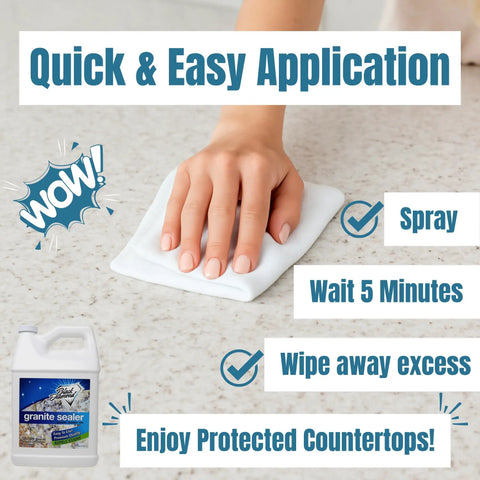Hand using Easy Spray On Granite And Stone Countertop Sealer That Really Protects, Penetrates Deep, Wipes Clean Quick