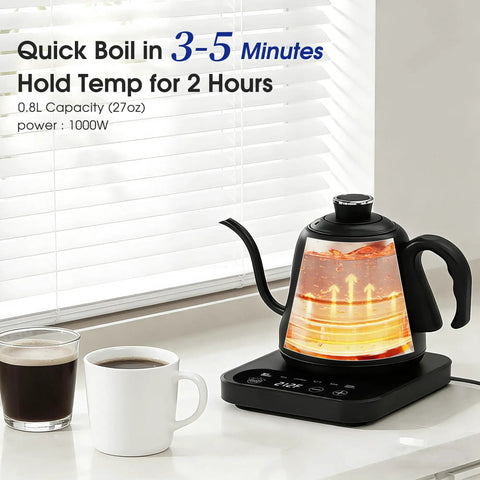Precision Temperature Control Electric Kettle With 316L Stainless Steel, 1F Precision, Rapid 1000W Heating, black design on counter