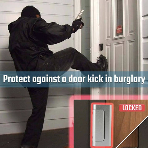 2 Pack Home Security Door Reinforcement Lock Childproof Aluminum Frame Lock Heavy Duty 800 Lbs Rated Easy Install Prevent Unauthorized Entry Silver Finish Keeps Kids Safe and Intruders Out shown protecting door from intruder's kick.