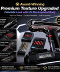 Futuristic Cordless Drill Kit And High Torque Rechargeable Power Tool Set That Delivers Top Shelf Performance As An Awesome Gift For Men Husband Or Dad Building A Badass Workshop on display with drill, bits, and stand.