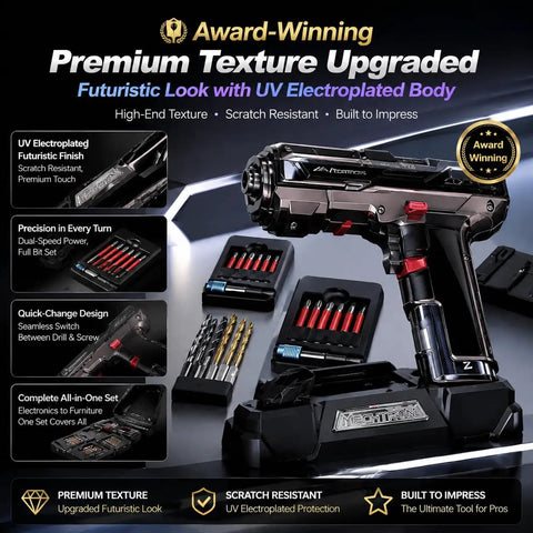 Futuristic Cordless Drill Kit And High Torque Rechargeable Power Tool Set That Delivers Top Shelf Performance As An Awesome Gift For Men Husband Or Dad Building A Badass Workshop on display with drill, bits, and stand.