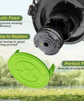 Close-up of 8 Pack Weed Wacker String For Greenworks Trimmer Auto Feed Dual Line Zero Point Zero Six Five Inch 18 Feet Replacement Spool With Cap Covers