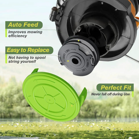 Close-up of 8 Pack Weed Wacker String For Greenworks Trimmer Auto Feed Dual Line Zero Point Zero Six Five Inch 18 Feet Replacement Spool With Cap Covers